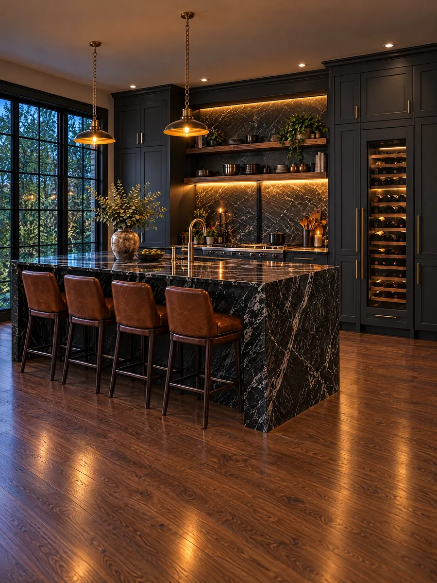 Black marble waterfall island with leather stools and brass pendants
