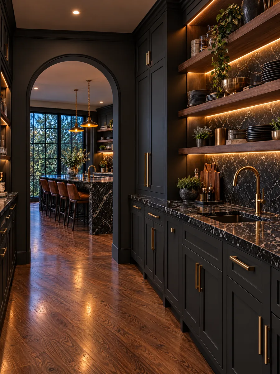 Charcoal butler pantry with walnut shelves behind the kitchen