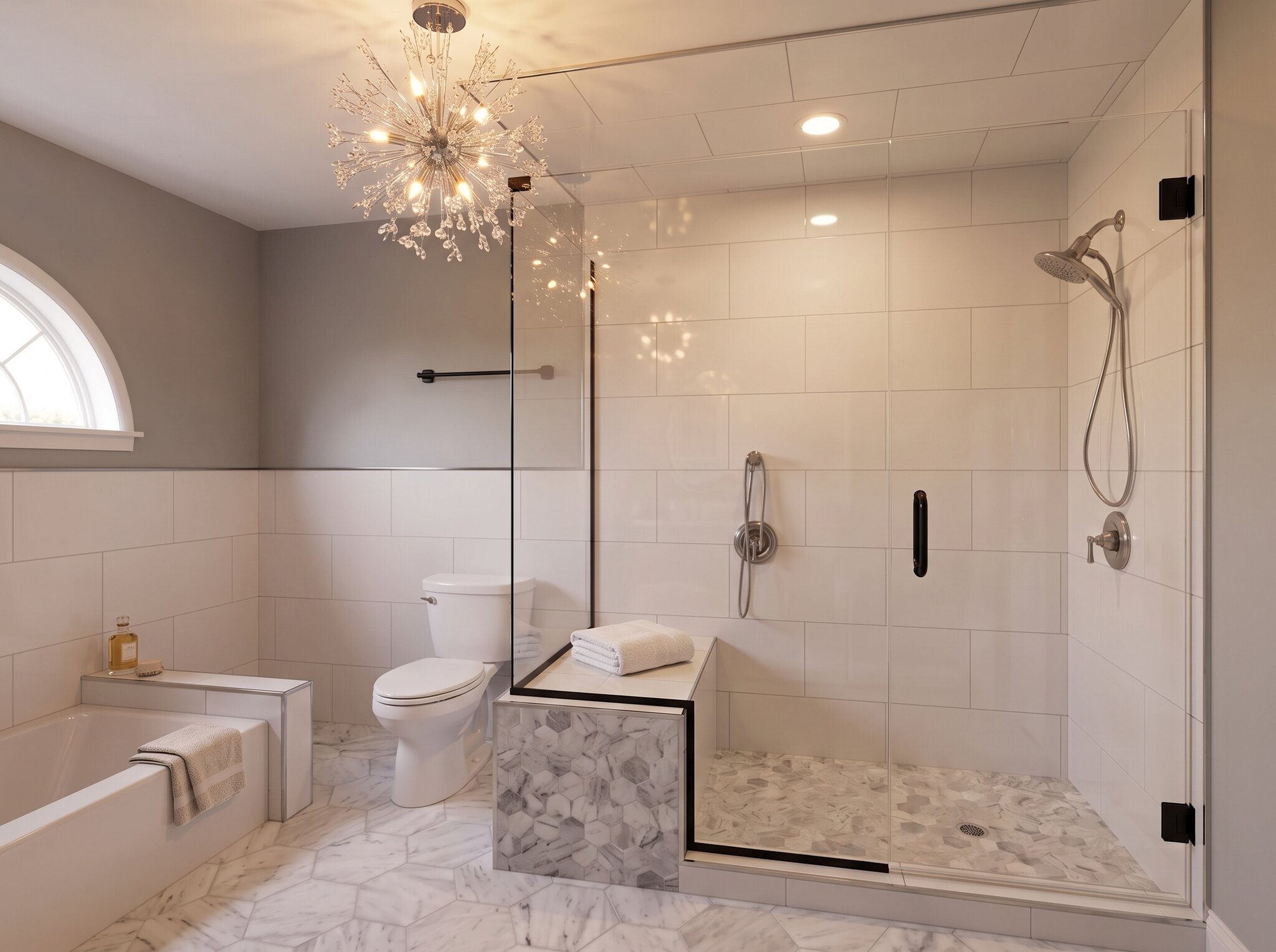 Bright Master Bathroom with a Frameless Glass Shower